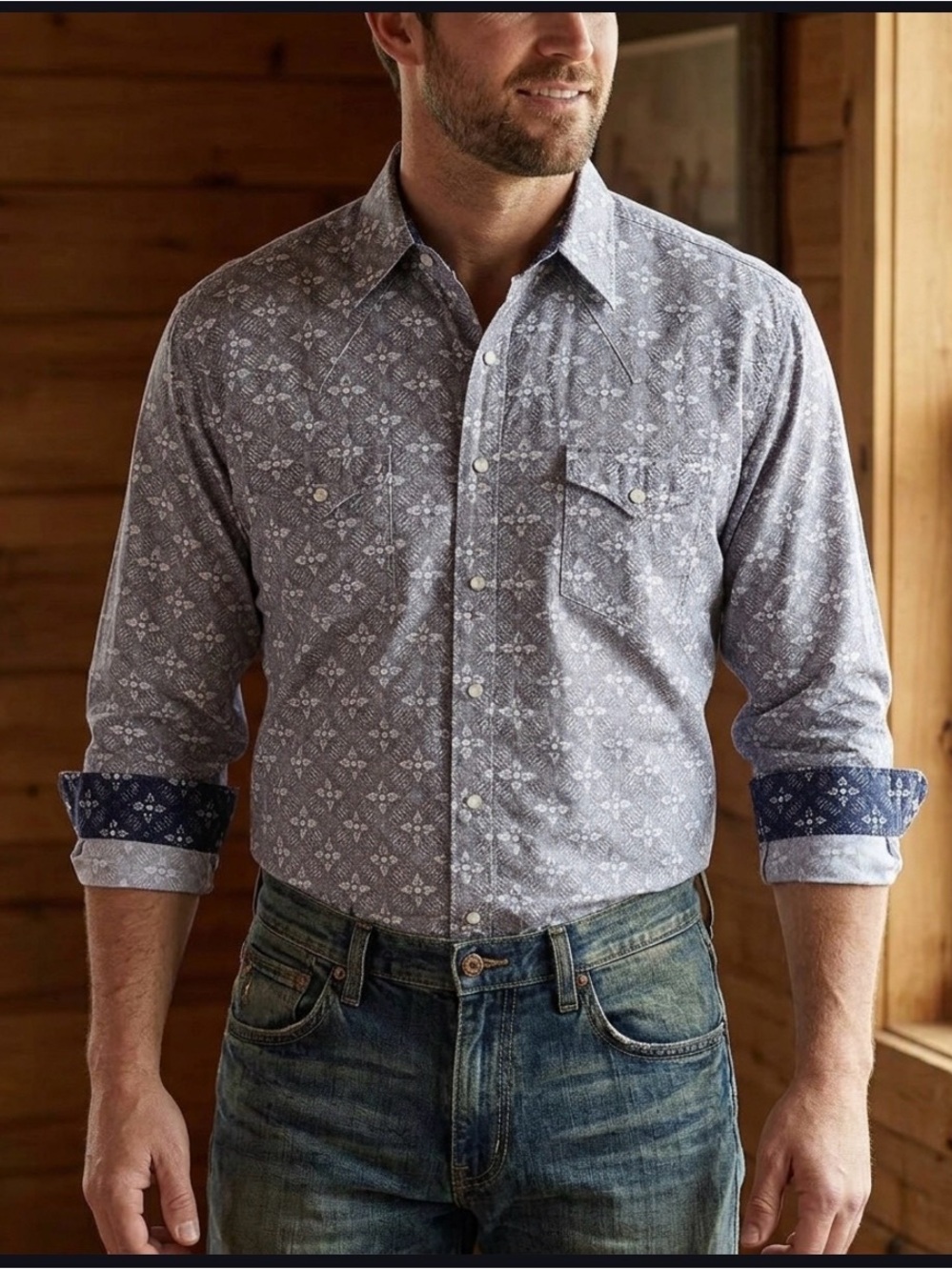 Wrangler Retro Premium Western Pearl Snap Shirt Mens Large Floral Geo MVR547B